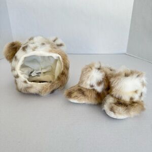 RH Restoration Hardware Luxe Faux Fur Snow Leopard Baby Hood Hat & Booties 0-12M